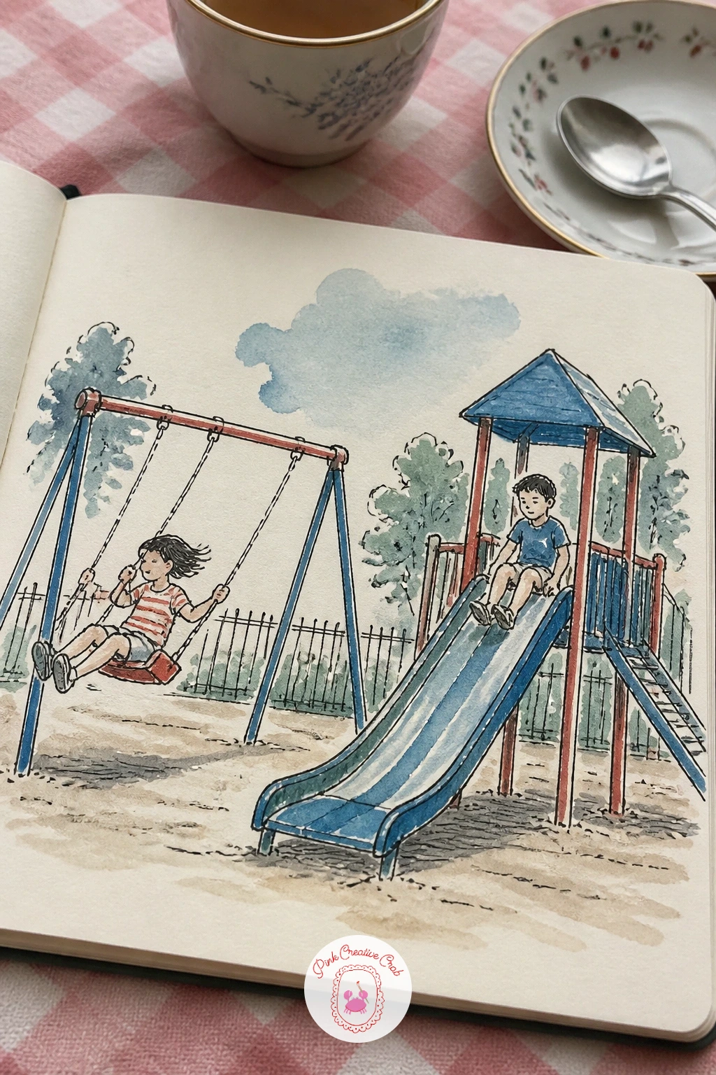 Playground With Swings and a Slide — Give the page some motion with a playground, swings mid-arc and a slide curving down. Sketchbook inspiration
