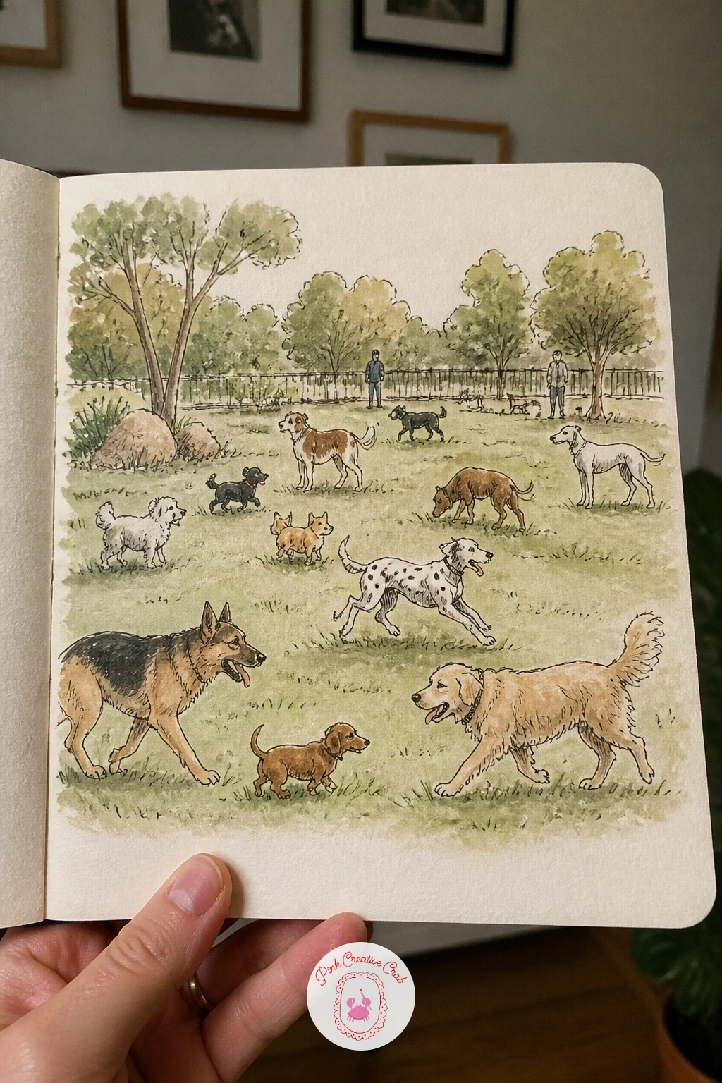 Dog Park With Dogs of Every Size — Fill the page with variety at a dog park, dogs of every size and shape running, sniffing and lying in the sun. Sketchbook