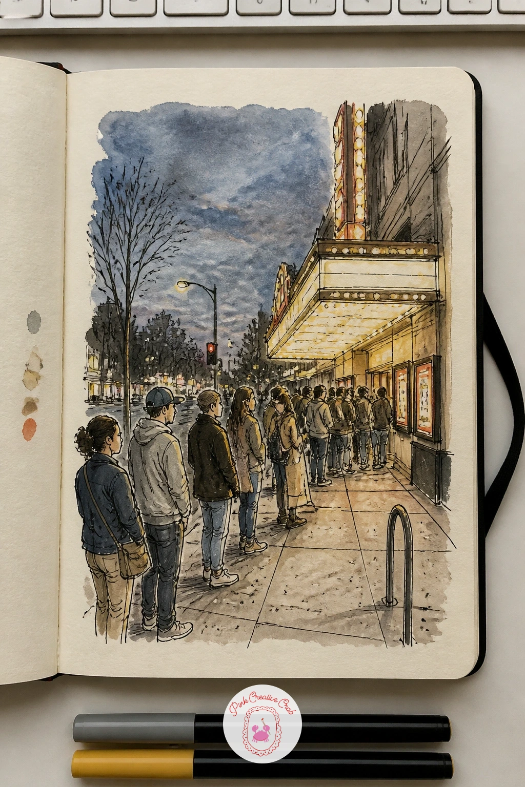 Cinema Queue on a Friday Evening — Line people up for a cinema queue page, the marquee glowing above a row of waiting figures. Sketchbook inspiration