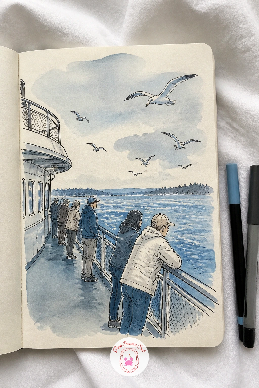 Ferry Deck With Passengers and Gulls — Take the page out onto water with a ferry deck, passengers at the rail and gulls wheeling overhead. Sketchbook
