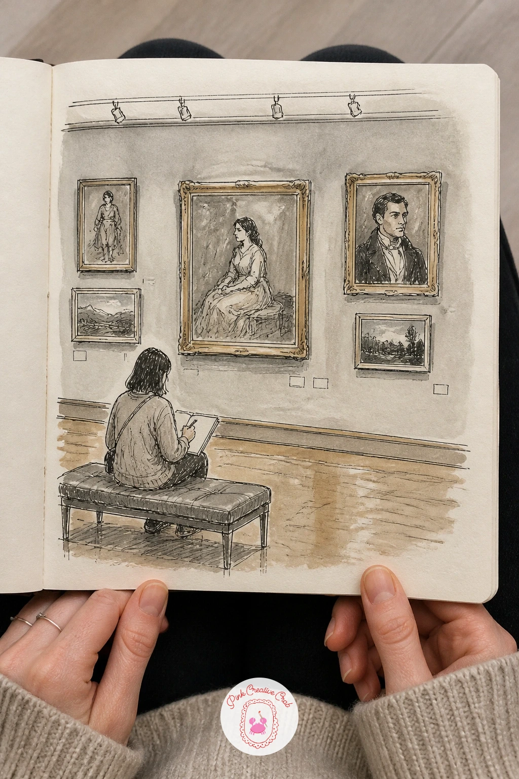 Museum Gallery With a Visitor Sketching — Turn the page inward with a museum gallery, framed paintings on the wall and one visitor sketching in front of them.