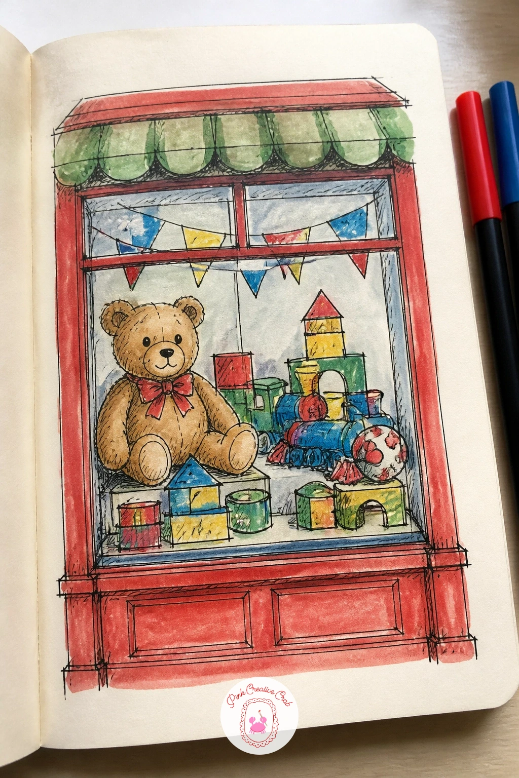 Toy Shop Window — Fill a window with color for the toy shop page, a shelf of toys stacked behind glass. Sketchbook inspiration