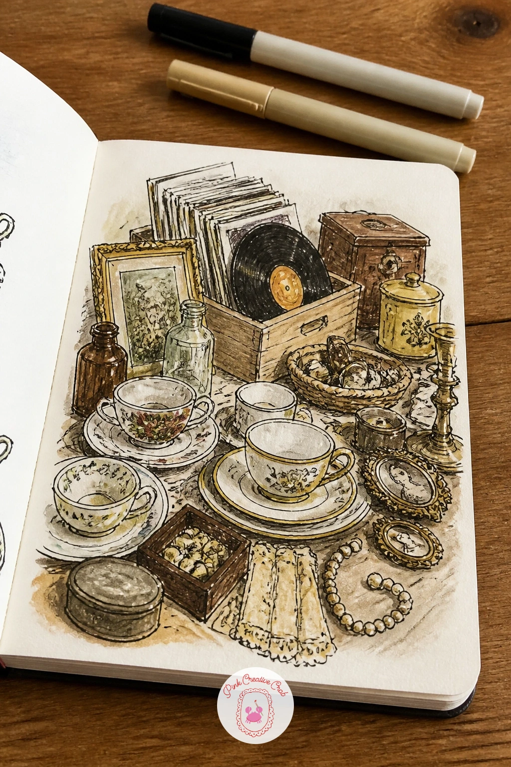 Flea Market Table of Vintage Finds — Return to small objects with a flea market table, a jumble of vintage finds spread across it. Sketchbook inspiration