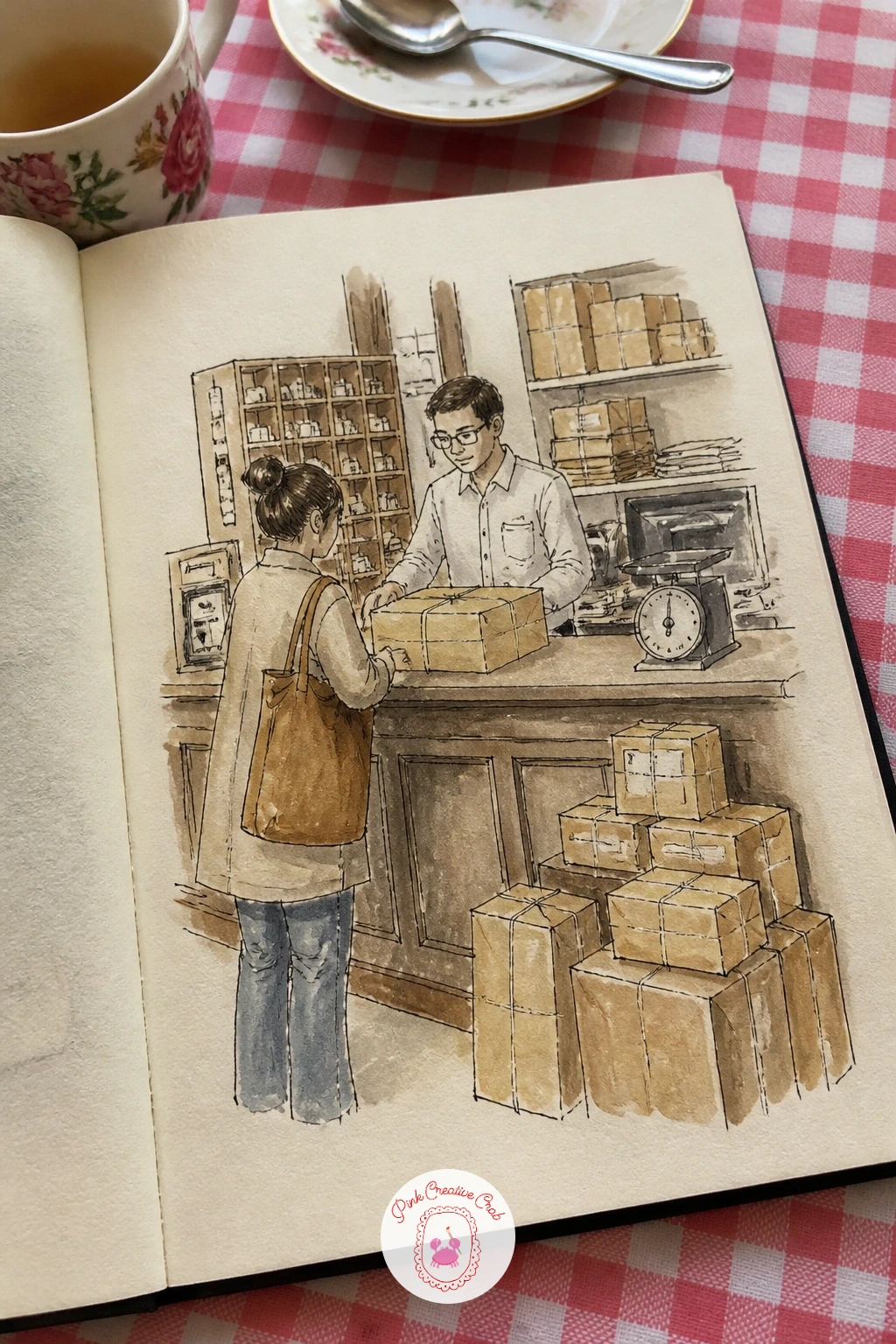 Post Office Counter With Parcels — Line up a post office counter page, parcels stacked waiting to be weighed and sent. Sketchbook inspiration