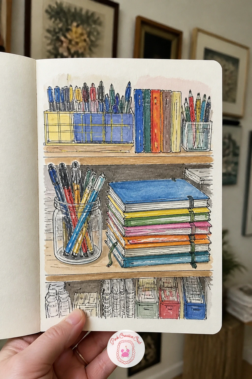Stationery Shop With Pens and Notebooks — Draw a shop full of the very tools you are sketching with, a stationery shop shelf of pens and notebooks. Sketchbook