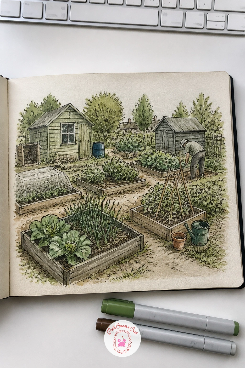 Allotment Garden With Sheds — Head out to the allotment for a page of small garden sheds and raised beds. Sketchbook inspiration