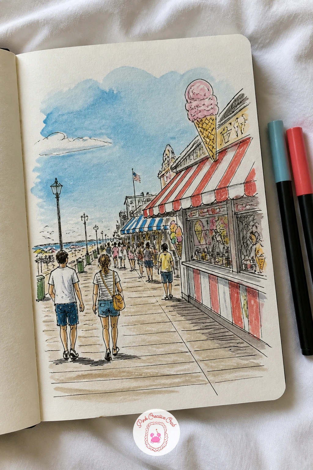 Beach Boardwalk With Ice Cream Stands — Carry the page to the coast with a beach boardwalk, striped ice cream stands lining one side. Sketchbook inspiration