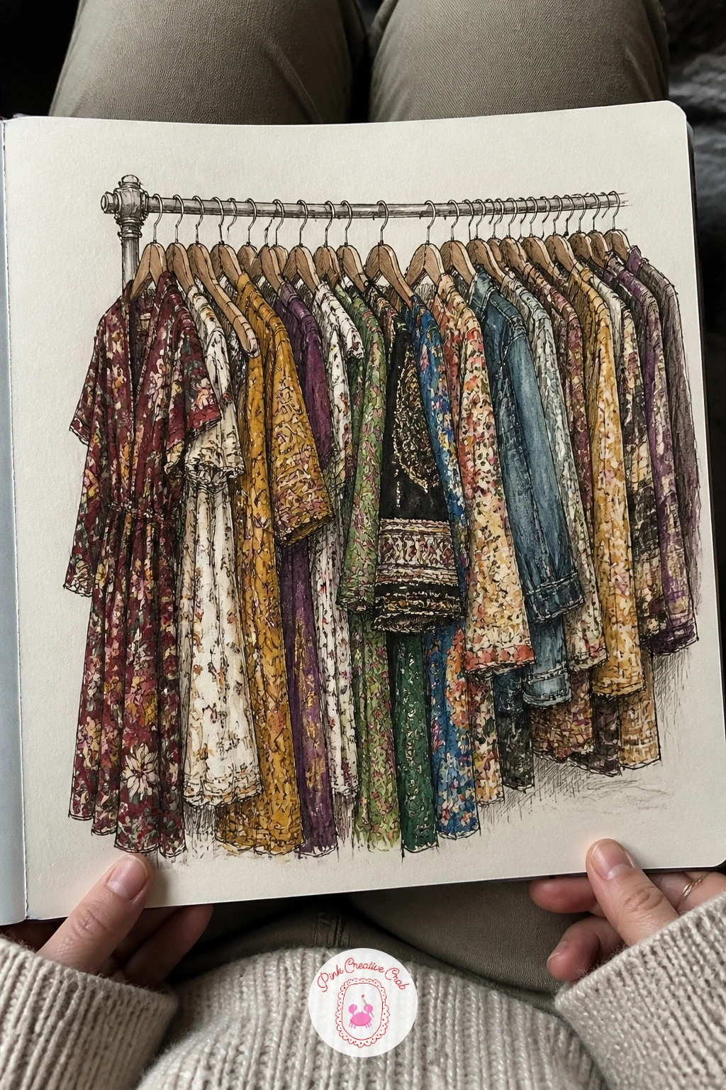 Vintage Clothing Shop Rack — Go back indoors for a vintage clothing shop rack, a dense row of hangers and patterned fabric. Sketchbook inspiration