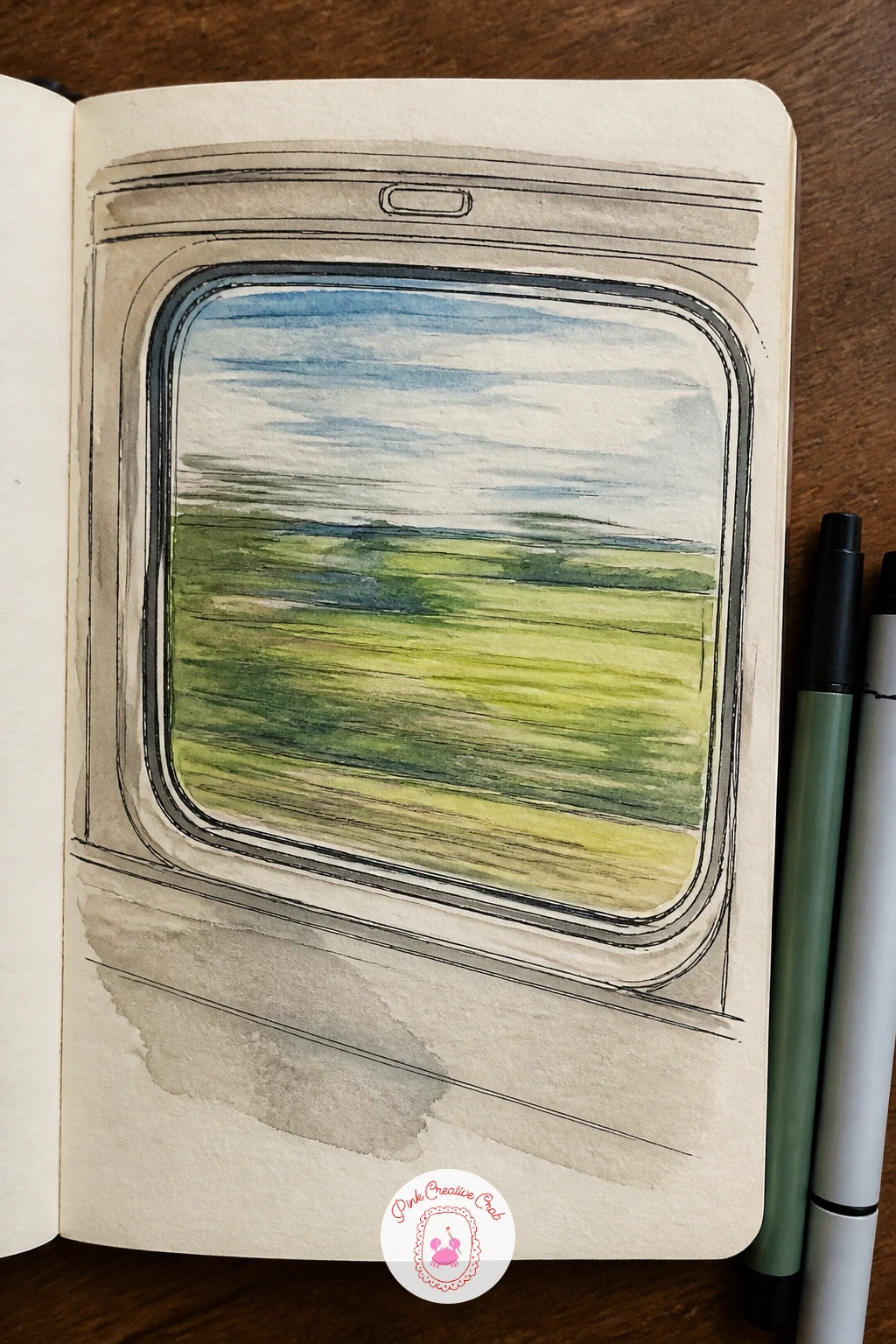View From a Train Window With Fields Passing — Frame the page as a view from a train window, fields streaming past in soft blurred bands. Sketchbook inspiration