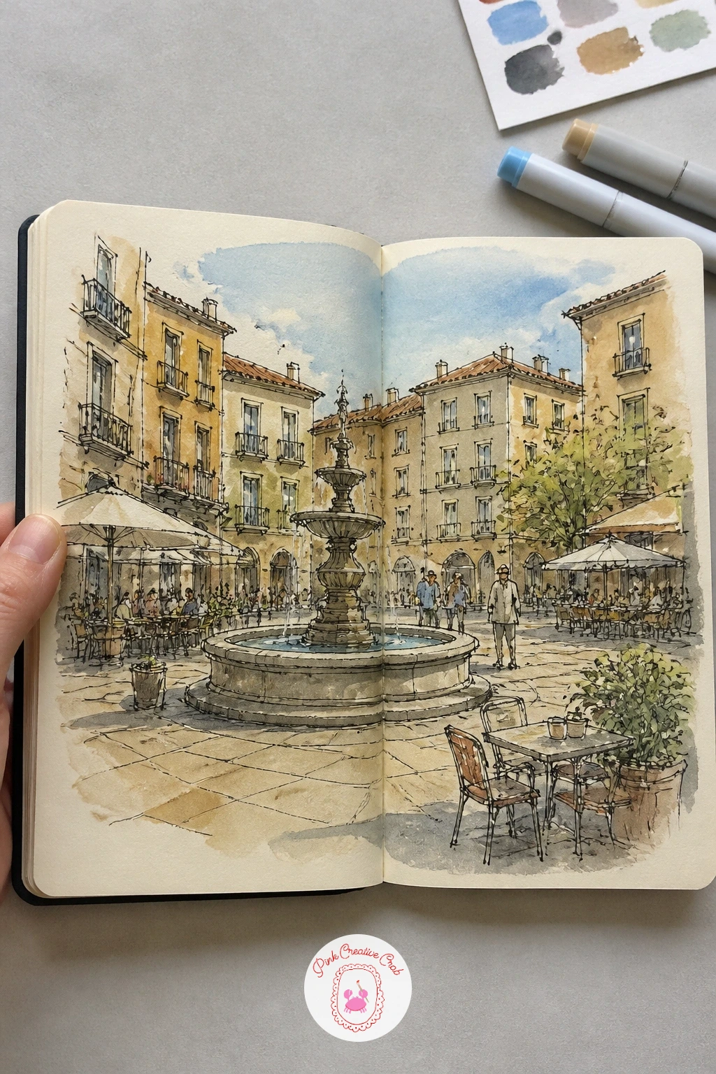 Town Square With a Fountain and Cafe Tables — Close the sketchbook with a wide one, a town square built around a central fountain with cafe tables scattered