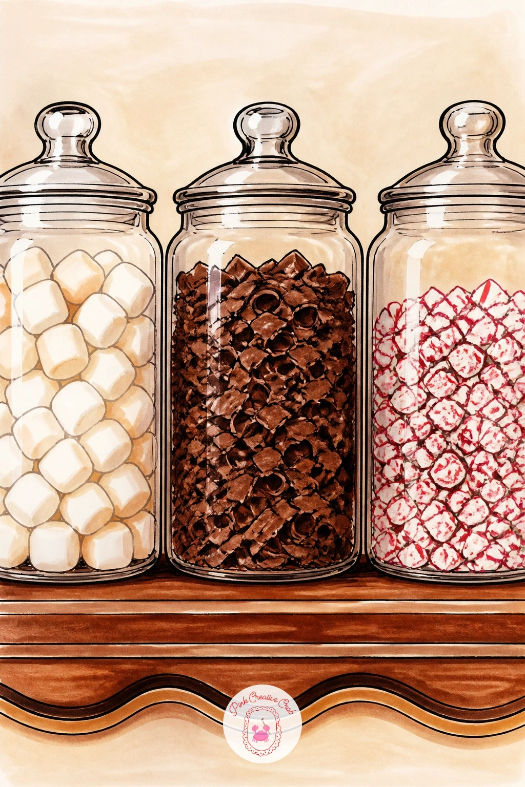 Cocoa Bar With Toppings In Jars — Hot cocoa bar with toppings in jars gives you a chance to practice drawing several small round containers lined up together.