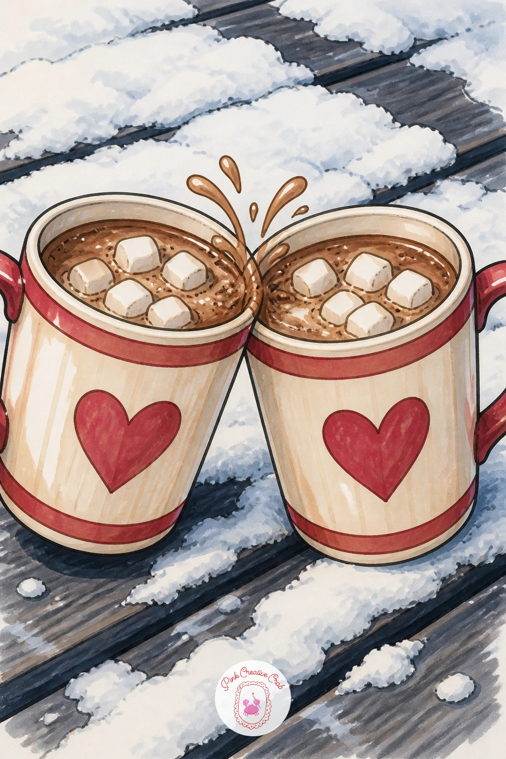 Two Mugs Clinking On A Snowy Picnic Table — Two mugs clinking on a snowy picnic table asks you to think about eye level, since both mugs sit on the same flat