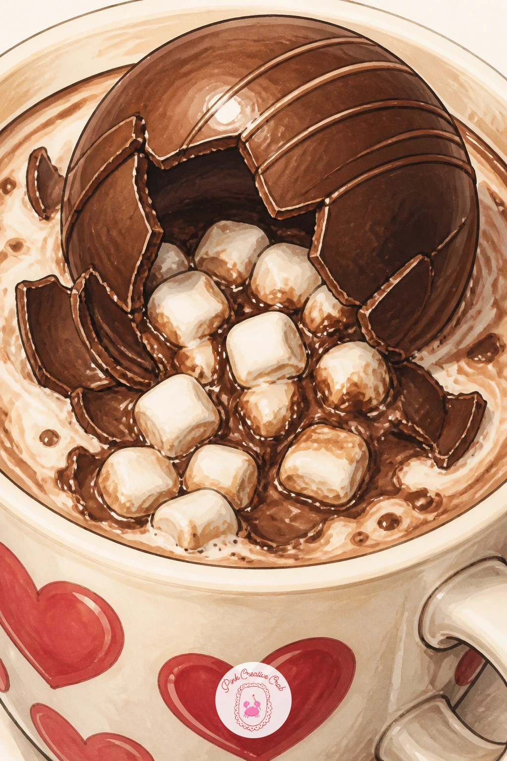 Cocoa Bomb Melting In A Mug — Cocoa bomb melting in a mug is a fun one to draw in stages, since the sphere is cracking open as hot milk hits it. Hot chocolate