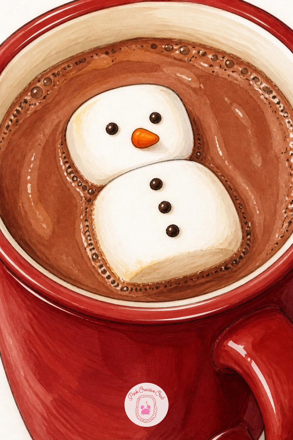 Snowman Marshmallow Floating In Cocoa — Snowman-shaped marshmallow floating in cocoa builds on the melting mug idea but gives the topping a little personality.