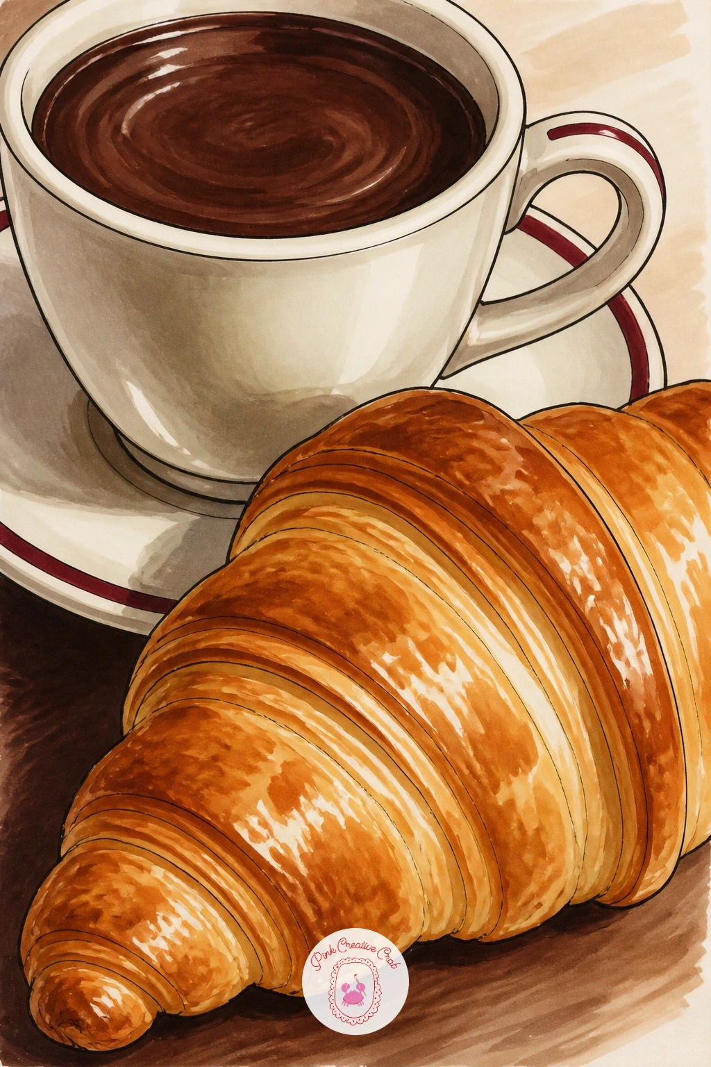 Parisian Hot Chocolate With A Croissant — Small cup of thick Parisian hot chocolate with a croissant leans on a thicker, glossier drink than the usual mug, so