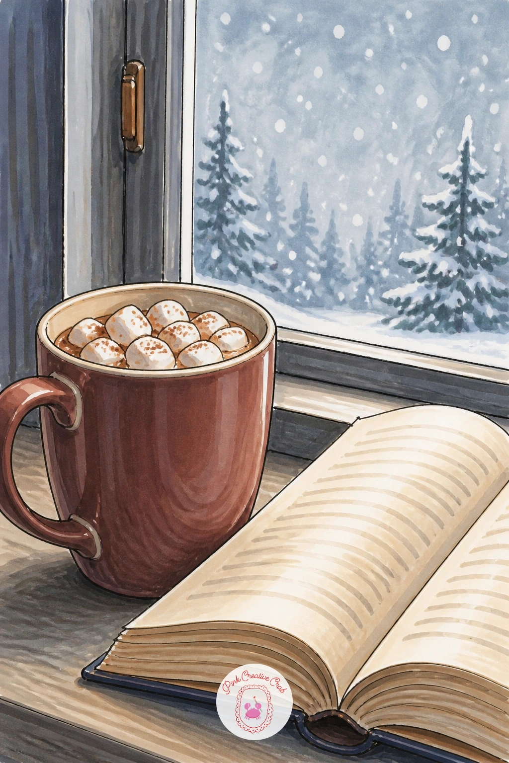 Cocoa By A Snowy Window With A Book — Mug of cocoa by a snowy window with a book shifts the eye level low, as if you are sitting at the table looking slightly