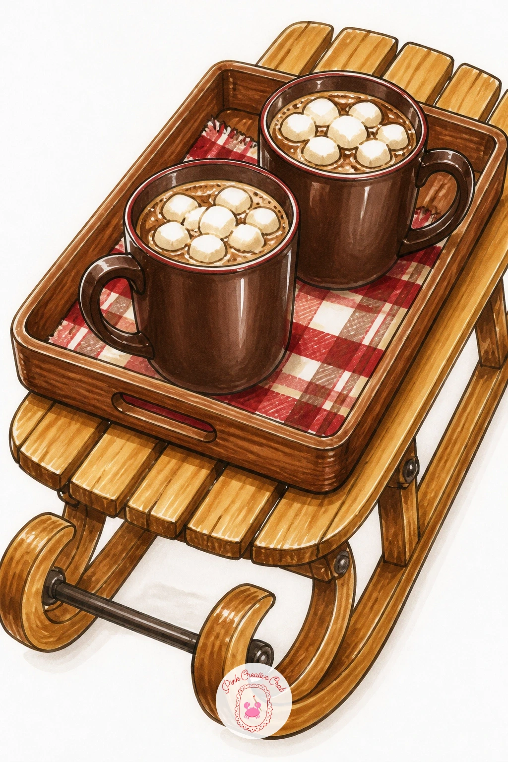 Cocoa Tray Riding On A Sled — Cocoa tray riding on a sled is a playful little scene, so decide on your eye level before sketching: looking down slightly at the