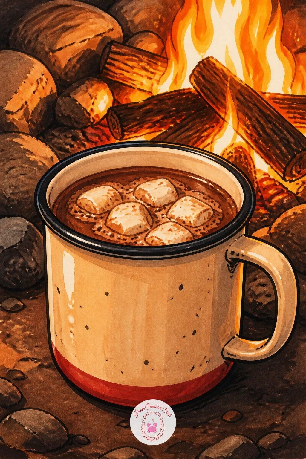 Camping Mug Of Cocoa By A Campfire — Camping mug of cocoa by a campfire works best with the light source placed low and warm, coming up from the fire rather