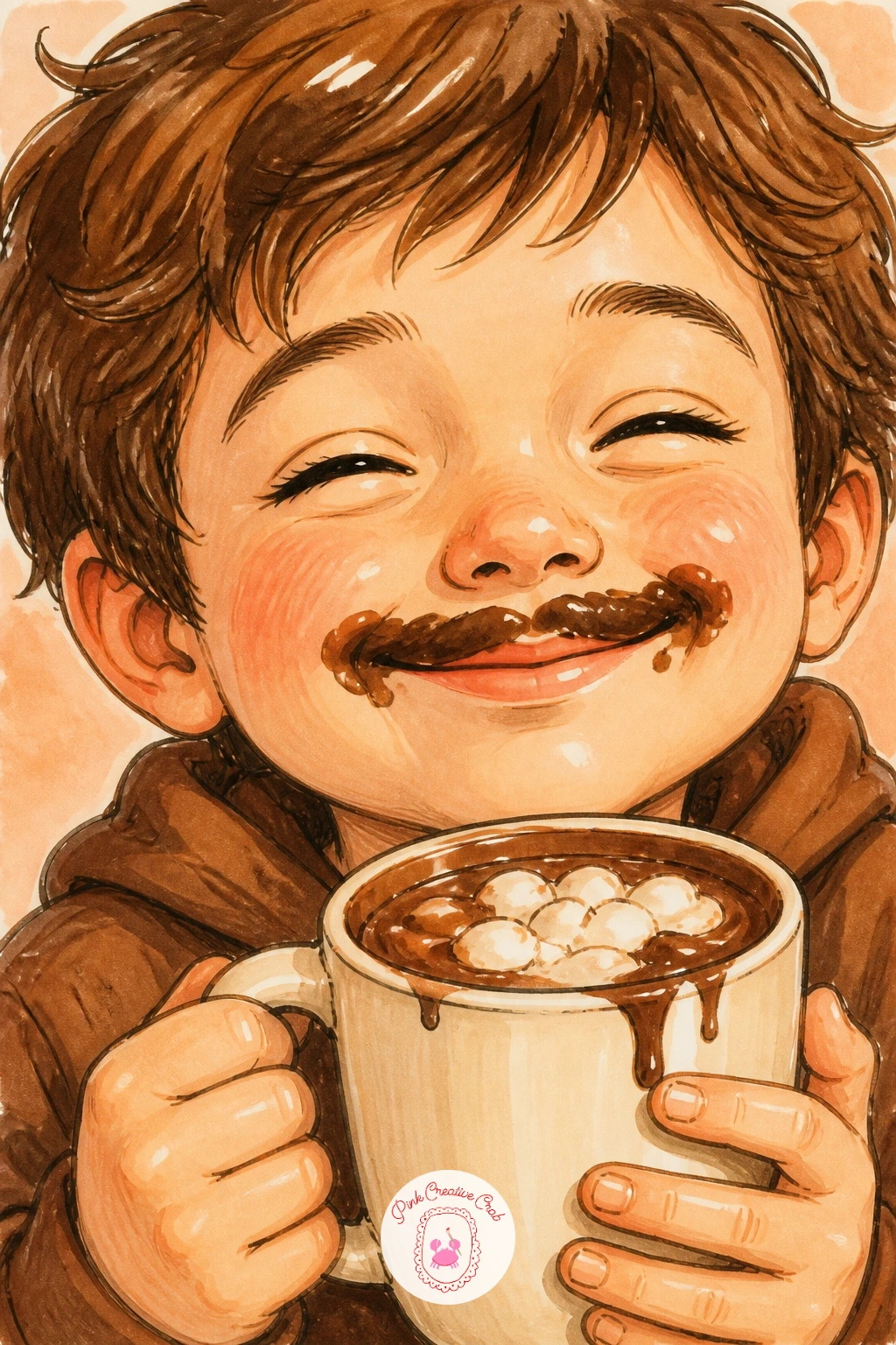 Kid With A Chocolate Mustache — Kid with a chocolate mustache is a small portrait moment, so block the head shape and the mug held just below the chin before