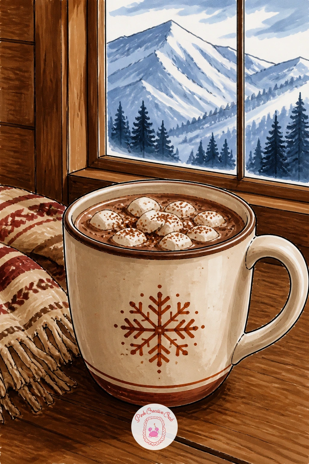 Cocoa On A Ski Lodge Table With Mountains Outside — Mug of cocoa on a ski lodge table with mountains outside pulls the eye level back a little, treating the