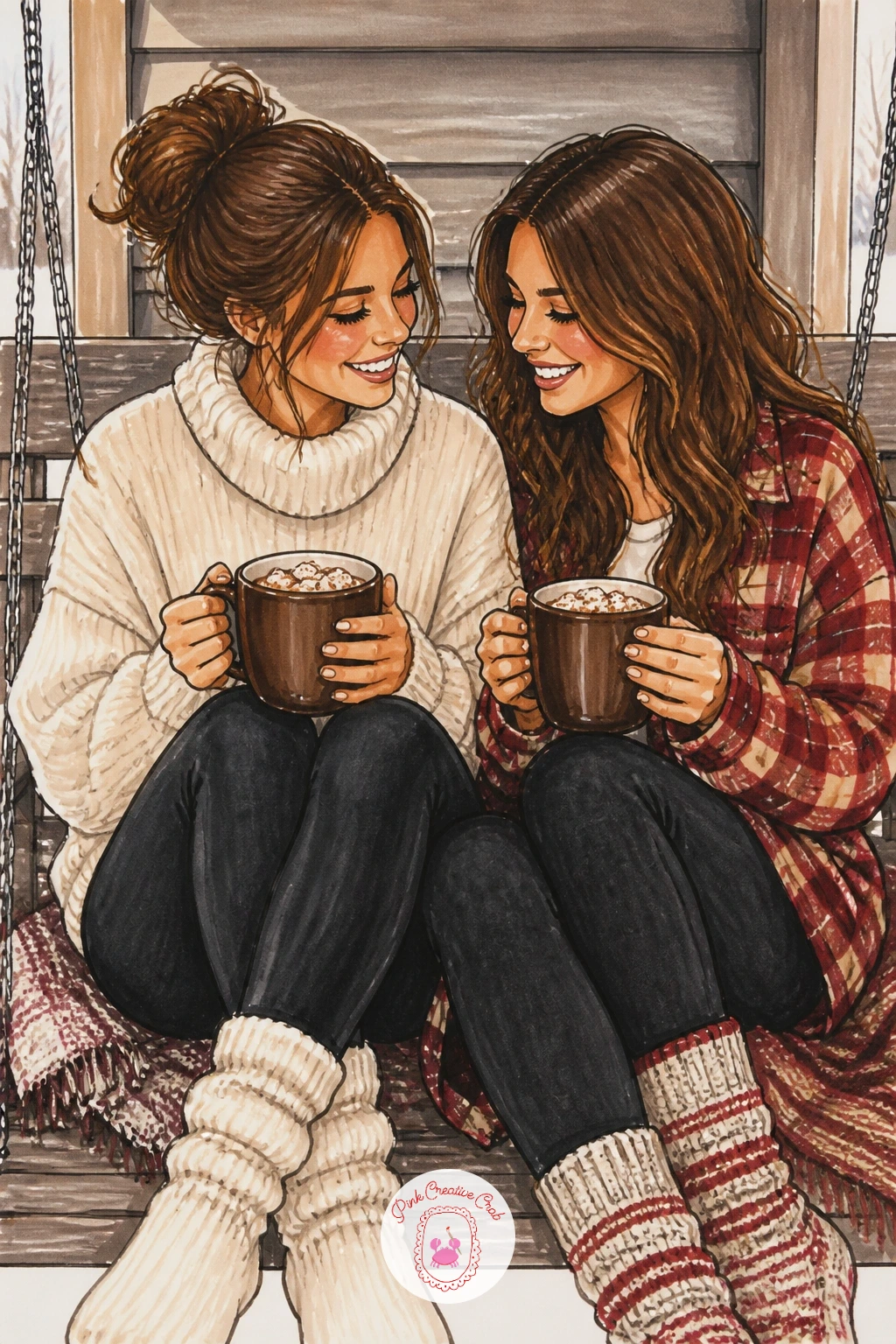 Two Friends Sharing Cocoa On A Porch Swing — Two friends sharing cocoa on a porch swing closes the list with a small two-figure scene, so block both figures