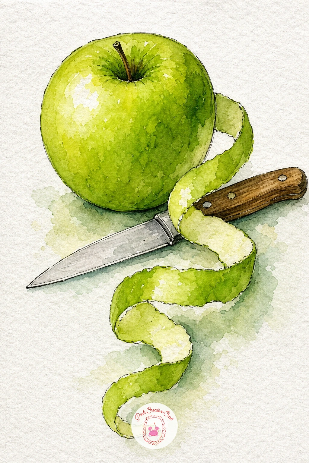 Green Apple With Knife and Peel Spiral — A green apple beside a paring knife with one long unbroken peel spiral is a satisfying composition because the spiral