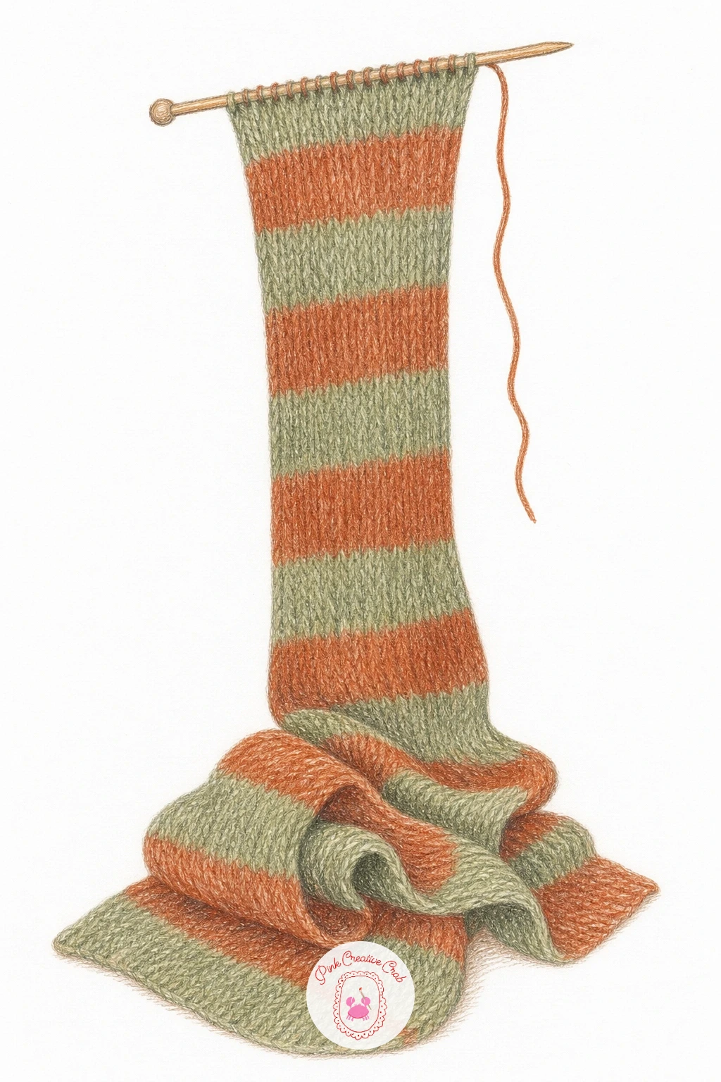Long Scarf on Needles Trailing to the Floor — After a busy group scene, slow back down with one long simple shape: a scarf still on the needles, trailing down
