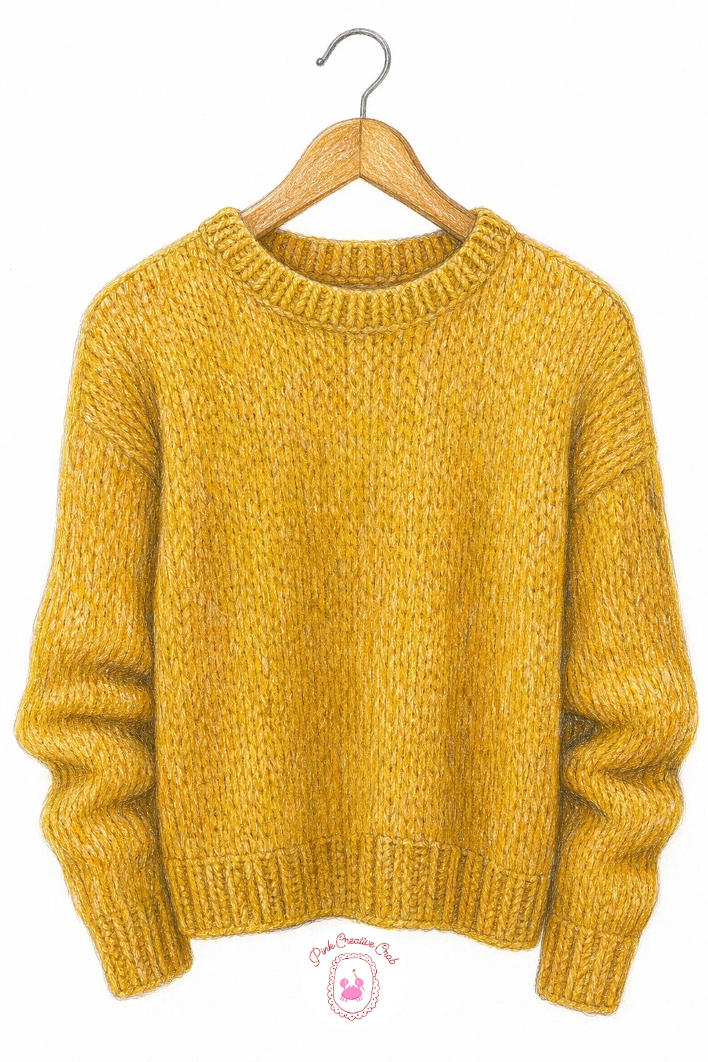 Hand-Knitted Sweater on a Hanger — Step away from hands and faces for a cleaner object study: a finished sweater hanging alone on a wooden hanger. Knitting