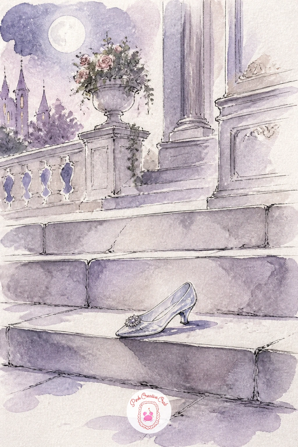 Glass Slipper On Palace Steps — Start the whole set with something small: a glass slipper left on palace steps, caught by moonlight after the dancing has