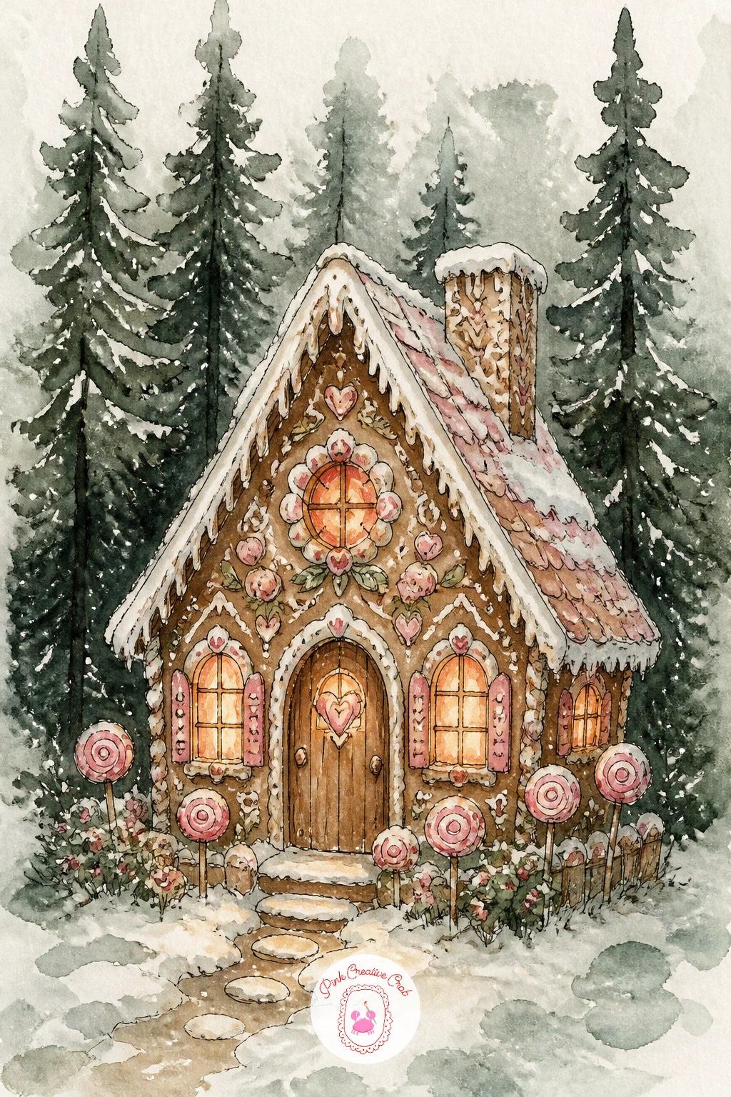 Gingerbread Cottage In A Dark Wood — Move from the ballroom steps into deep forest for a gingerbread cottage tucked among dark green trees. Fairytale