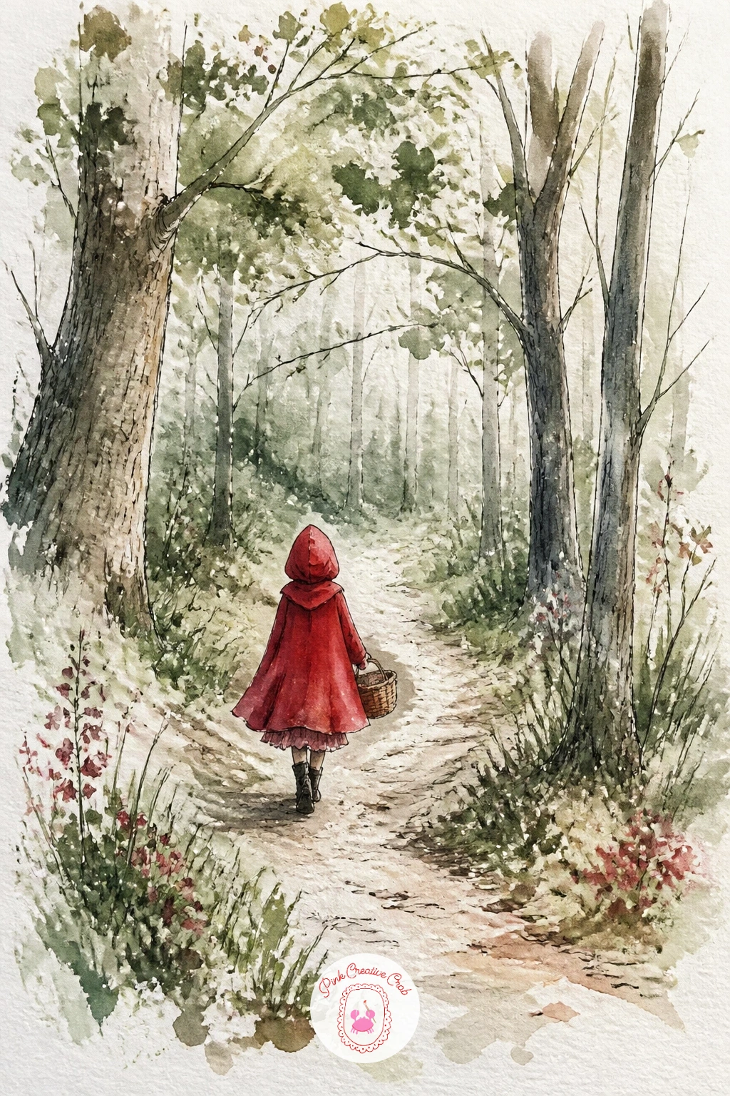 Girl In A Red Hood In The Forest — Give the gingerbread wood a visitor now: a girl in a red hood walking a forest path, her cloak the one bright note against