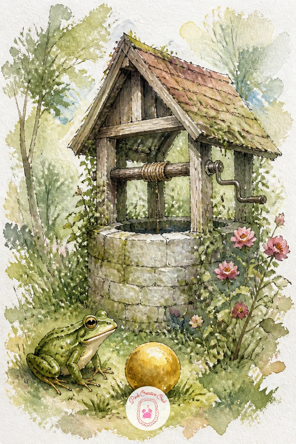 Frog With A Golden Ball By A Well — Return to a quieter scene with a frog sitting by the rim of an old stone well, a golden ball resting just beside him in the
