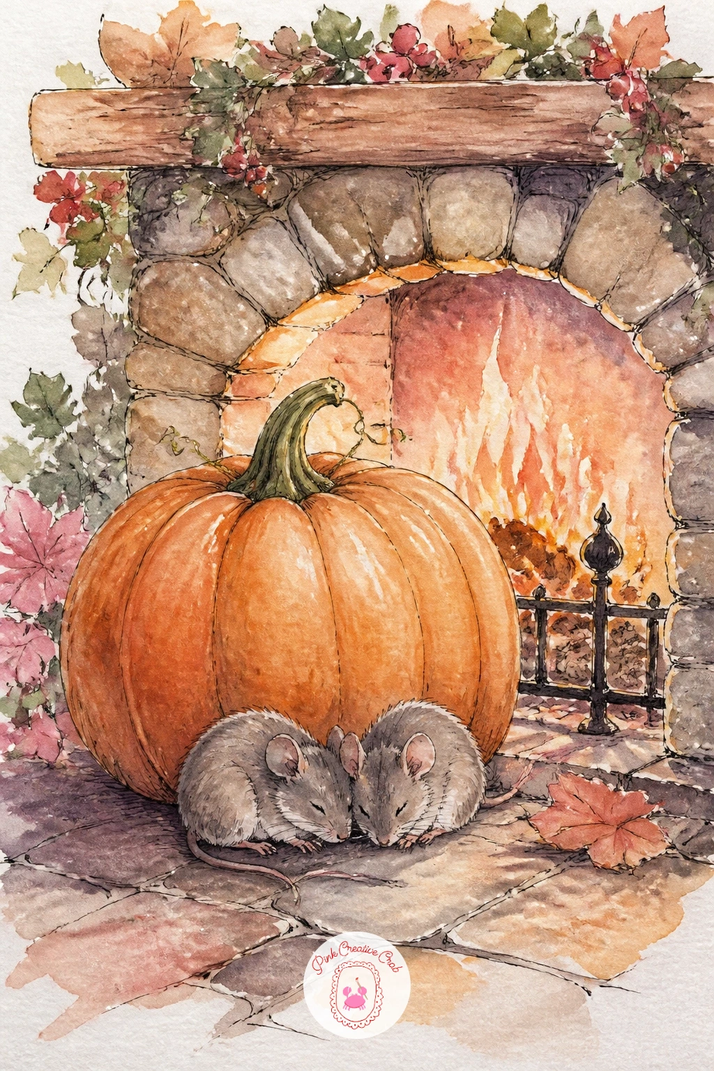 Pumpkin By A Fireplace With Mice — Bring the story indoors for a pumpkin waiting by a fireplace, a pair of small mice curled nearby as though caught