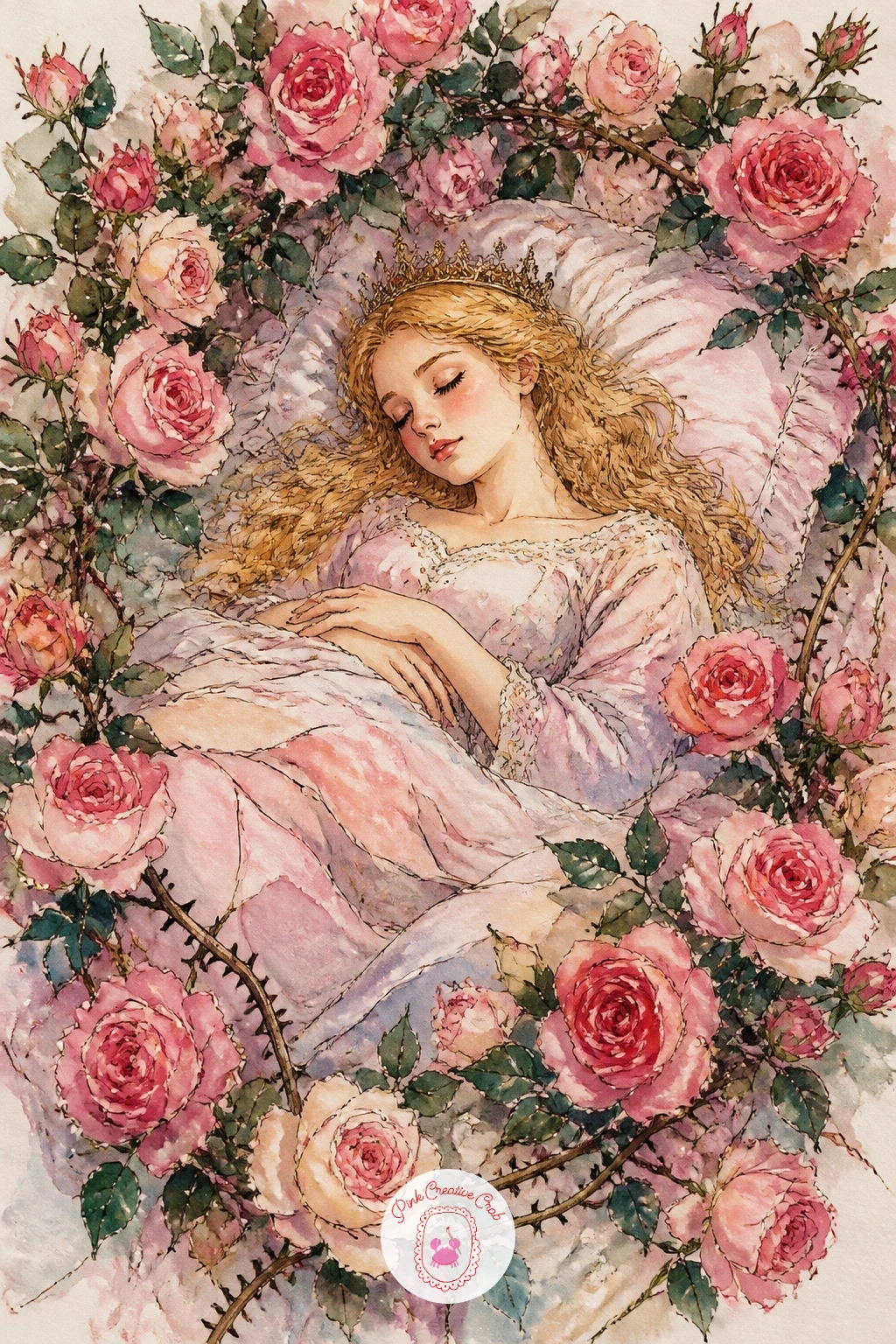 Sleeping Princess Among Roses — For a scene with more atmosphere, paint a princess asleep among climbing roses inside a thorn-wrapped castle room. Fairytale