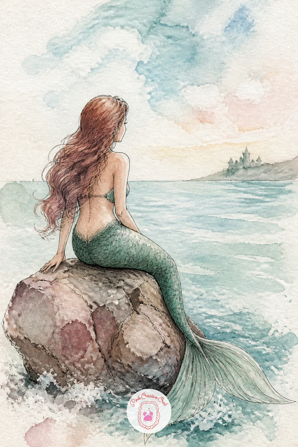 Little Mermaid On A Rock — Shift to the sea for a little mermaid sitting on a rock, looking out toward a distant shore rather than toward the viewer, which