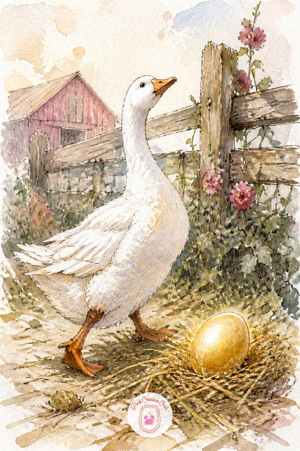 Golden Goose In A Farmyard — Move to a farmyard for a goose that lays golden eggs, caught mid-strut among ordinary hay and fence rails so the gold egg beside