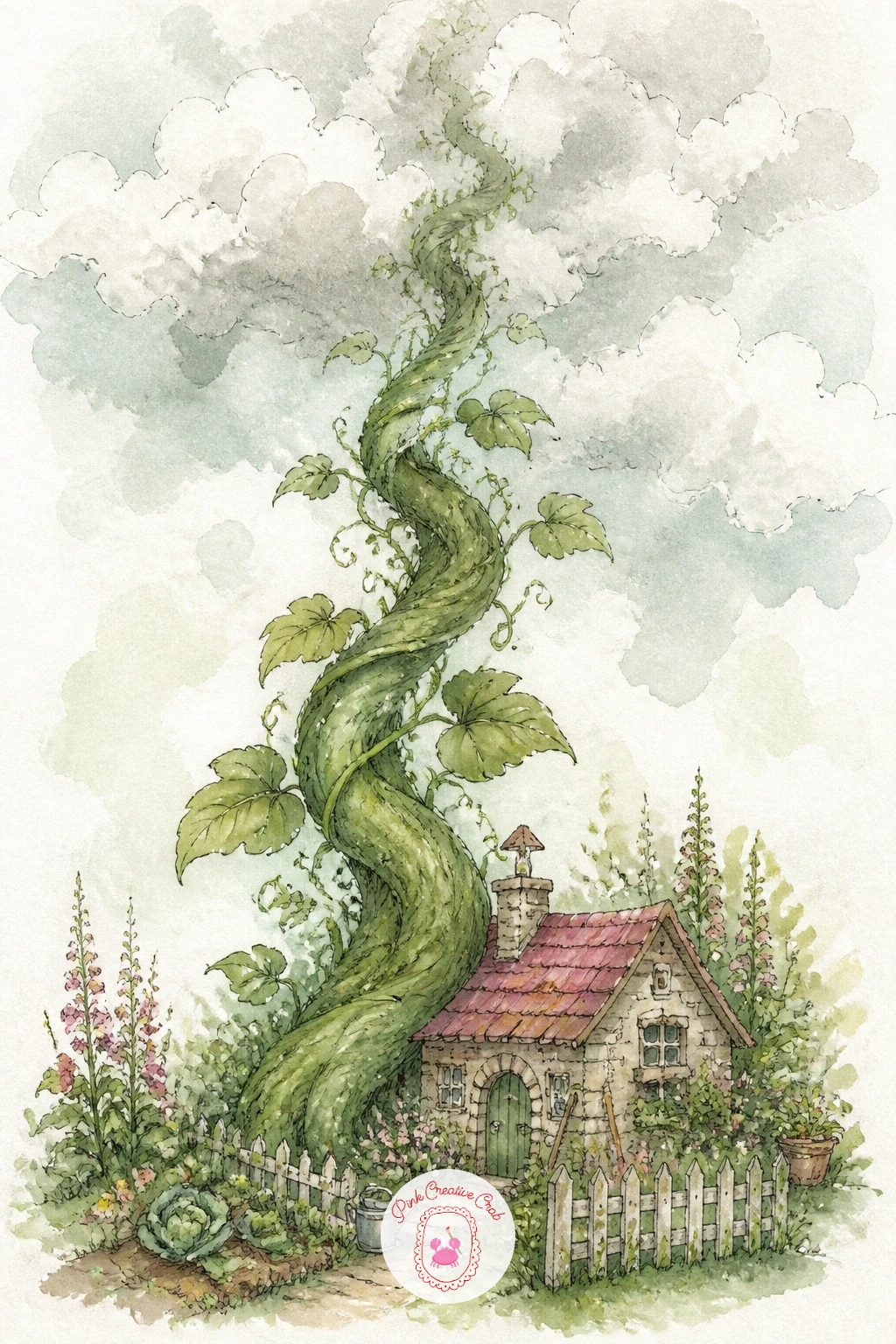 Beanstalk Climbing Into The Clouds — Here the composition itself carries the magic: a beanstalk climbing from a small cottage garden straight up and off the