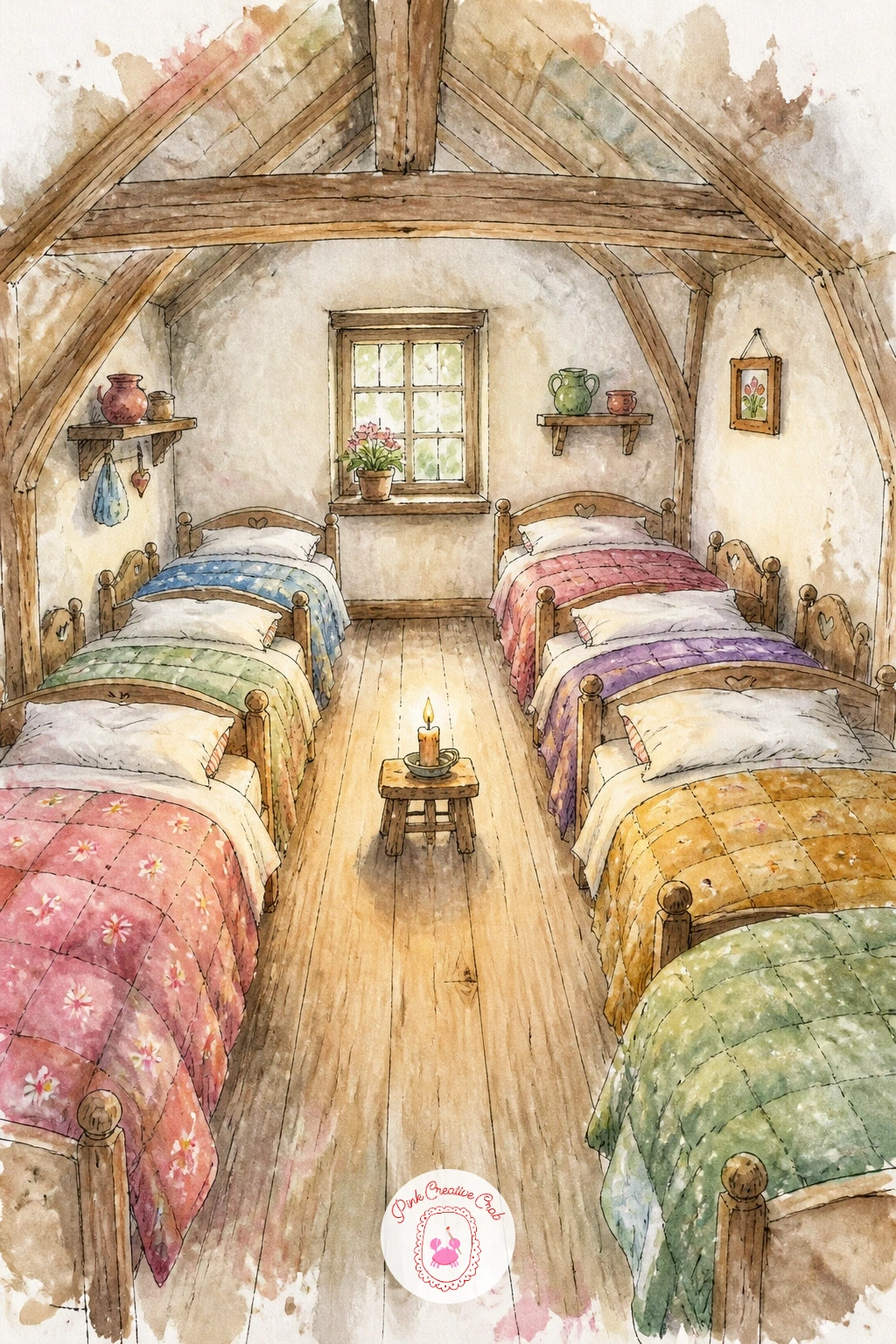 Seven Little Beds In A Cottage — After all that height, settle into a cosy interior: seven little beds lined up in a forest cottage room, each with its own