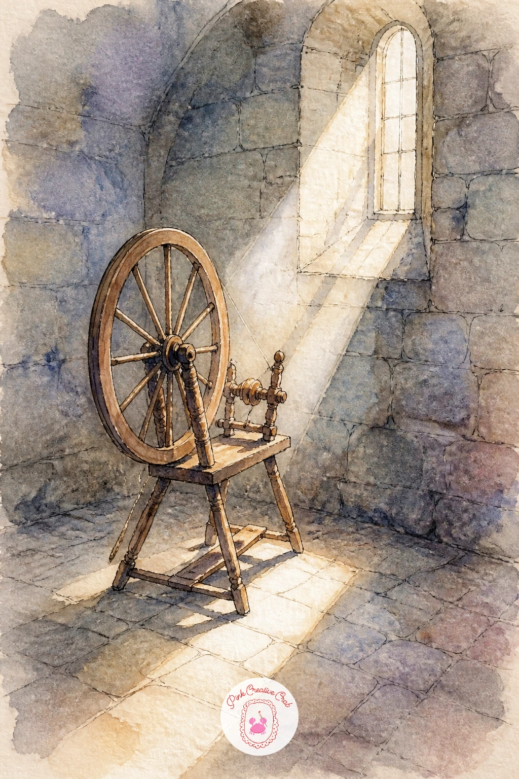 Spinning Wheel In A Tower Room — Climb back up into a tower for a spinning wheel standing alone in a round stone room, caught in a shaft of light from a single