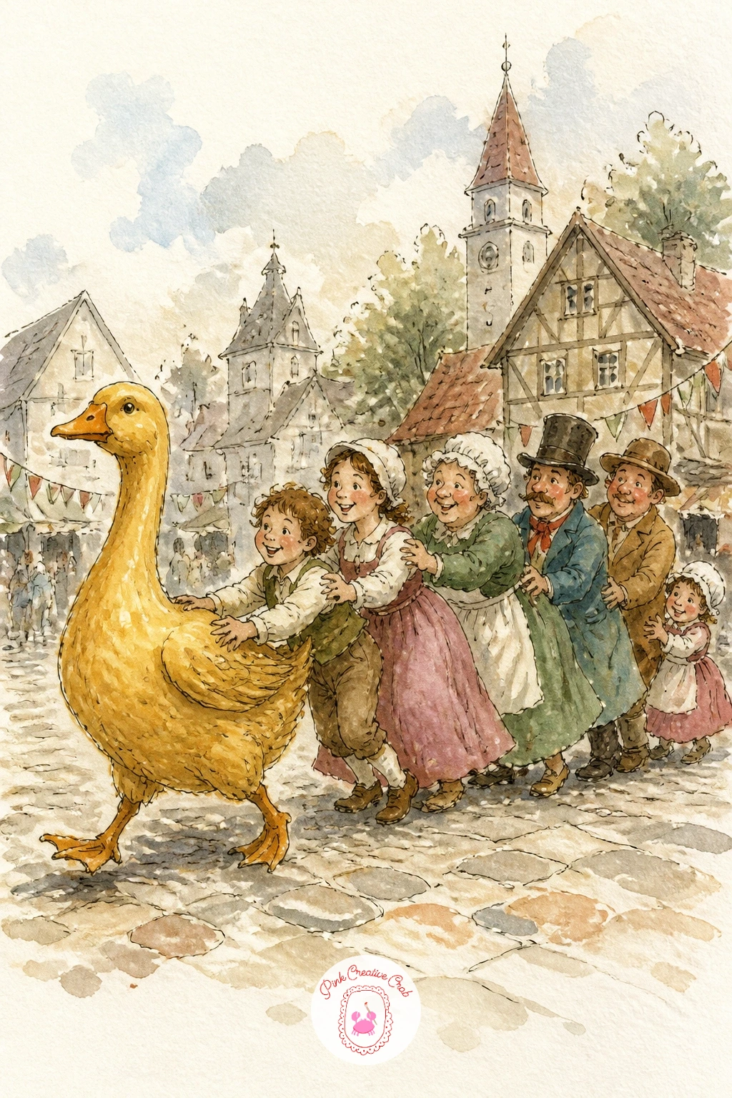 Golden Goose With A Line Of People — For a scene with real motion, paint a golden goose with a comic line of people stuck fast to her feathers and to each