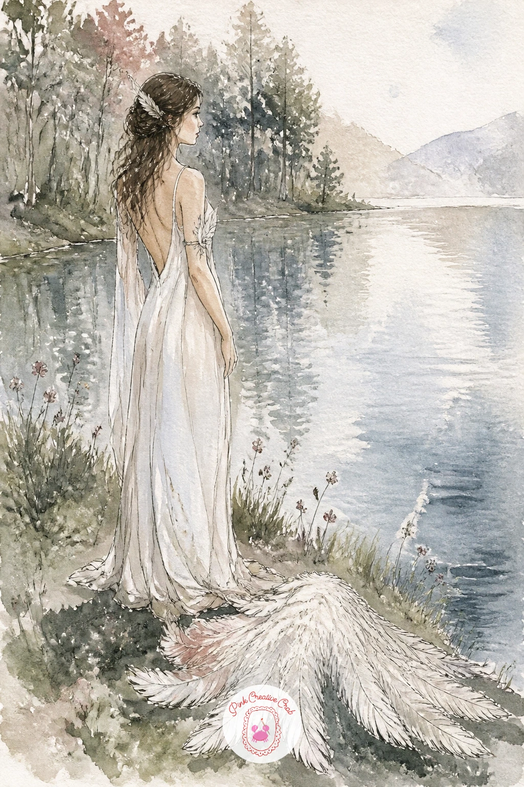 Swan Maiden By A Lake — Return to the water for a swan maiden standing at the edge of a still lake, a cast-off swan feather cloak lying on the grass beside
