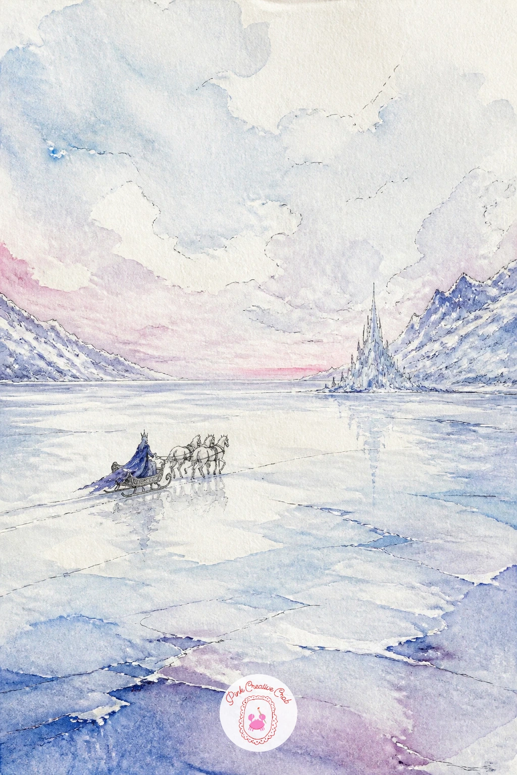 Snow Queen's Sleigh On A Frozen Lake — Bring in real cold for the snow queen's sleigh crossing a wide frozen lake under a pale winter sky. Fairytale