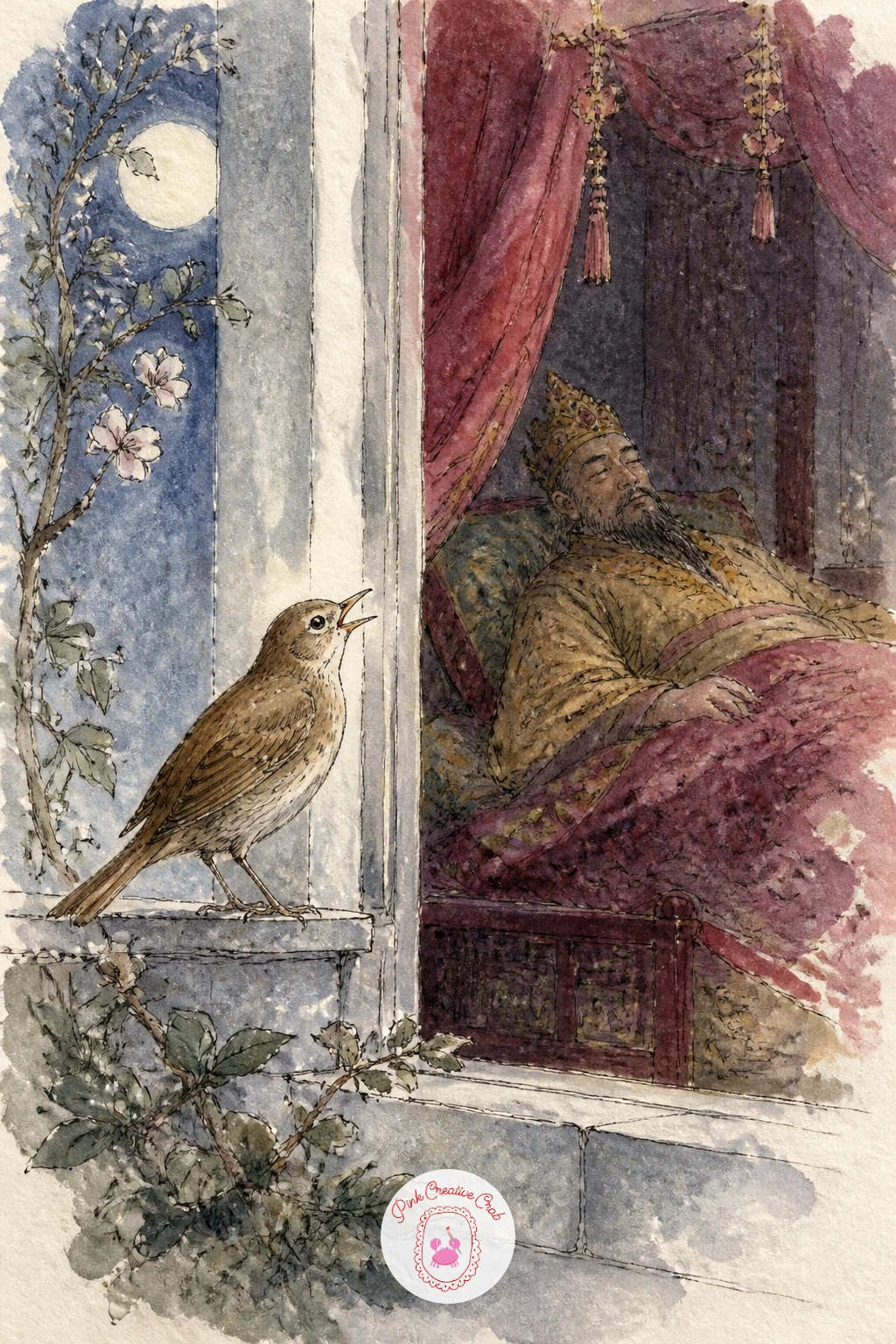 Nightingale Singing To An Emperor — Move indoors to a quiet, intimate scene: a small nightingale perched on a windowsill, singing while an emperor listens from