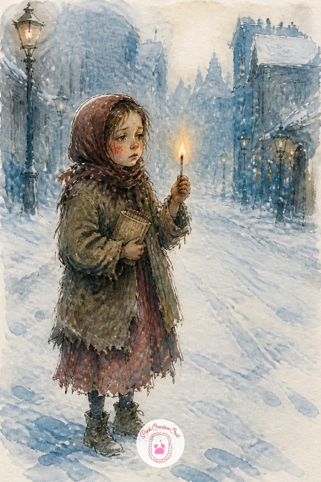 Girl Selling Matches In A Snowy Street — For one of the quieter, sadder tales, paint a small girl standing in a snowy street at dusk, a bundle of matches in