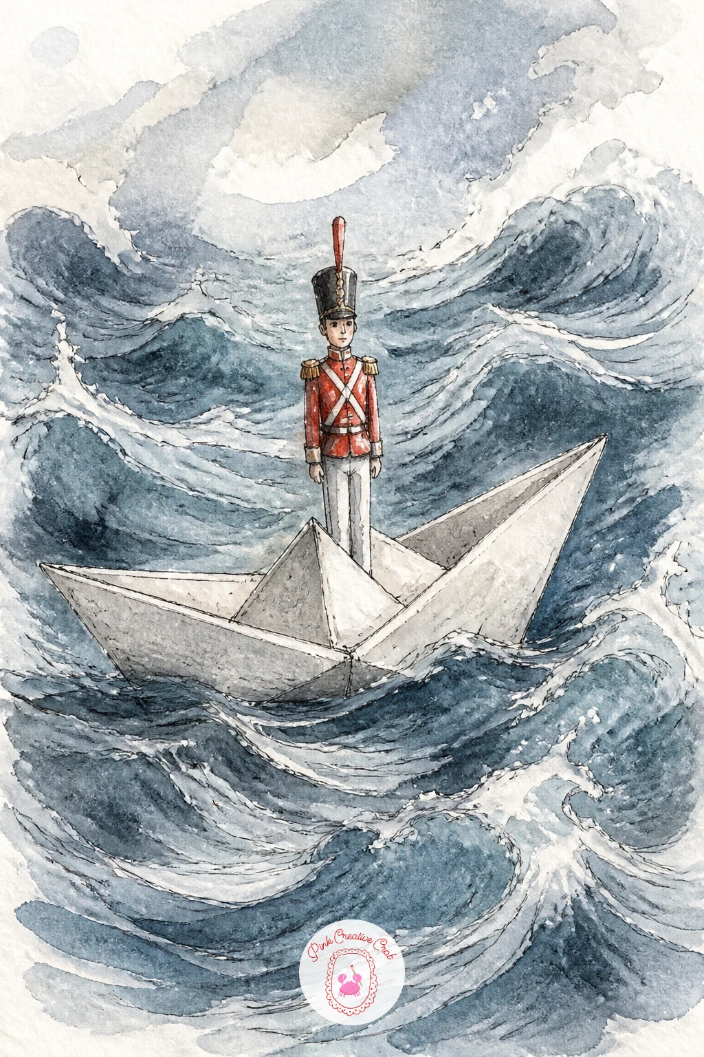 Tin Soldier On A Paper Boat — Launch a tiny tin soldier standing stiff and upright in a small paper boat, adrift on what might be a gutter stream or a wide