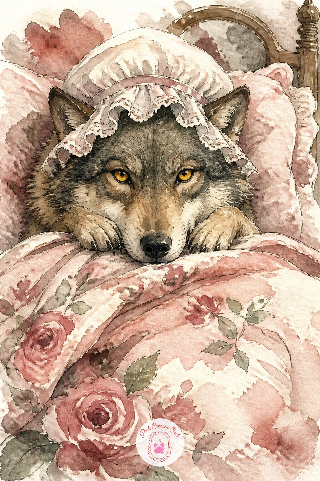 Wolf In Grandmother's Bed — Bring back the forest story for its darker turn: a wolf tucked into a grandmother's bed, a lace cap on his head and a quilt pulled