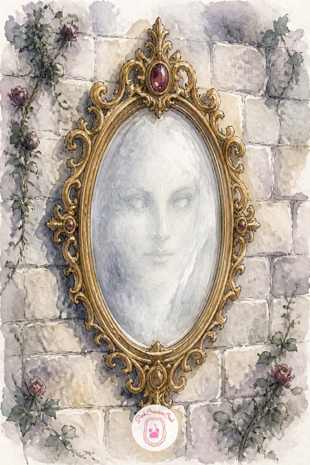 Magic Mirror On A Castle Wall — Settle back down to a single quiet object: a magic mirror hanging on a castle wall, its frame ornate and its glass holding the