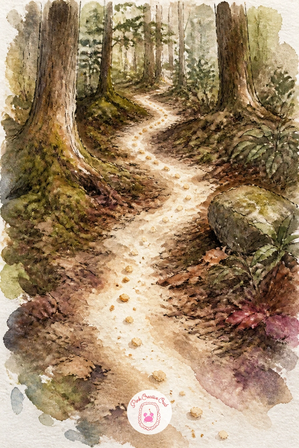 Breadcrumb Trail Through The Forest — For a scene built almost entirely on negative space, paint a breadcrumb trail winding through a dark forest floor, the
