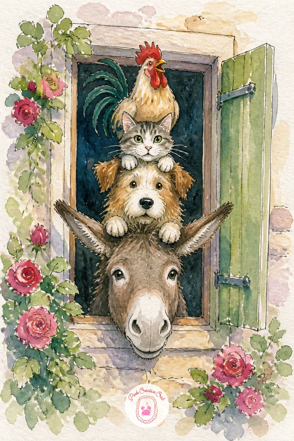 Donkey, Dog, Cat And Rooster At A Window — For a scene full of charm, stack a donkey, dog, cat and rooster on top of each other peering in through a cottage