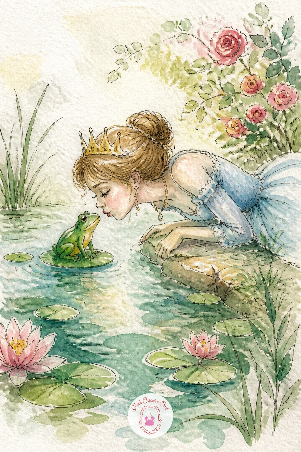 Princess Kissing A Frog On A Lily Pad — Return to the pond for the moment the frog's story turns, a princess leaning down to kiss him as he sits on a lily pad